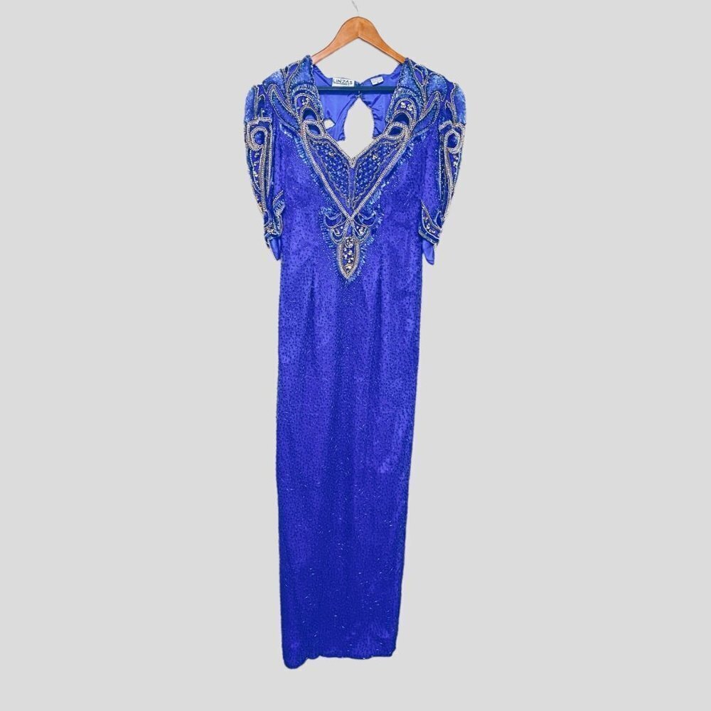 Linzas Vintage Y2K Straight Dress Gown Size Medium Blue Silk Sequined - Picture 4 of 10